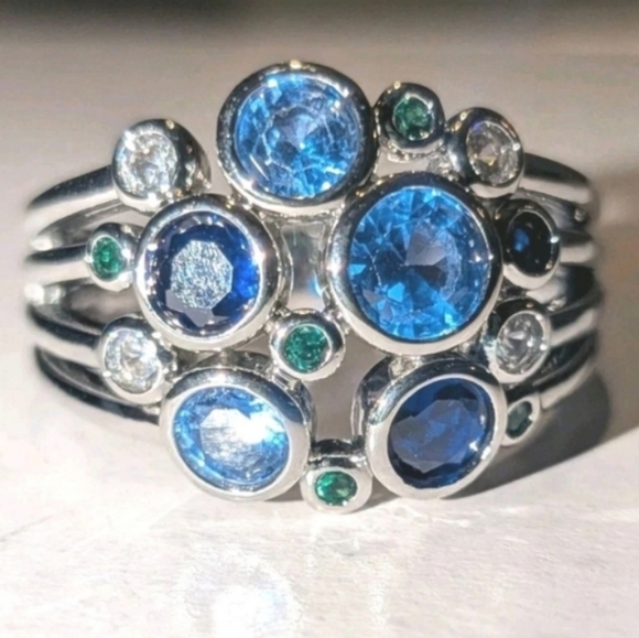boutique Jewelry - High Quality White Gold Silver Plated Cocktail Multi Gemstone Ring Size 9